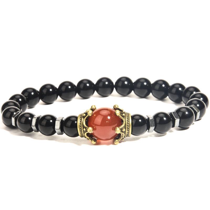 Introducing: Elegant Tiger Eye Stone Big Crown Bracelet with Agate Frosted Beads - European and American Fashion Statement Jewelry.