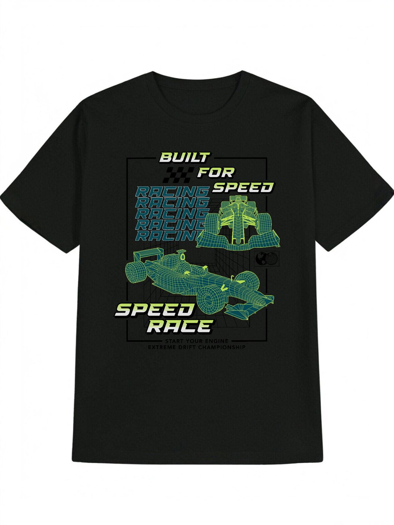 Casual Graphic T-shirt - Built for Racing Neon Green Print & Circuit Racing Car Design XXL