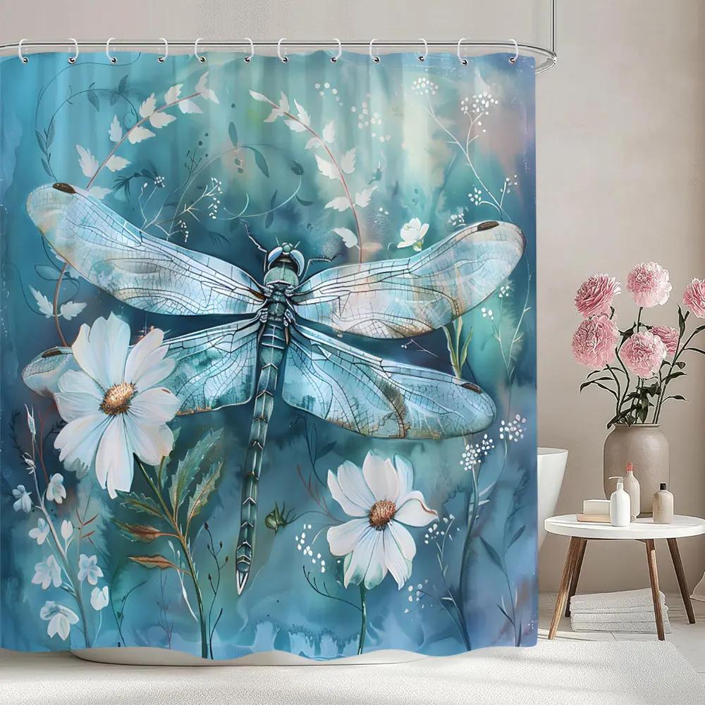 Dragonfly Pattern Printed Shower Curtain Watercolour Painting Botanical Flower Art Creative Fabric Shower Curtains Bathroom Deco