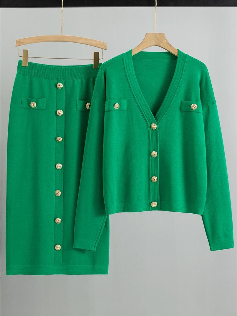 European & American Fragrance-Style Cardigan Sweater & Pencil Skirt Knitwear Set for Women - Spring & Autumn