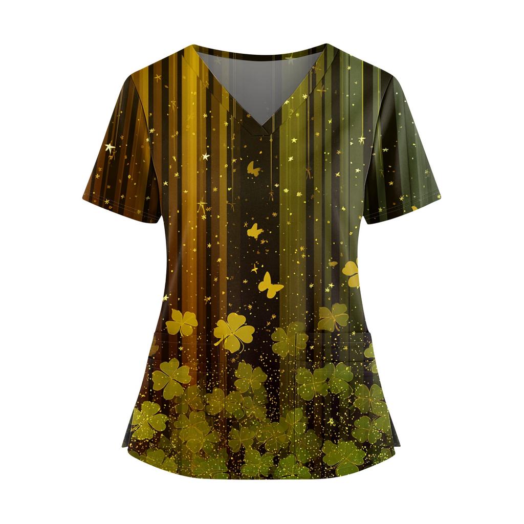 Frauen St. St. Patrick's Day Druck V-Ausschnitt Doppeltasche Kurzarm Uniform Oberteil mit geschlitztem Saum