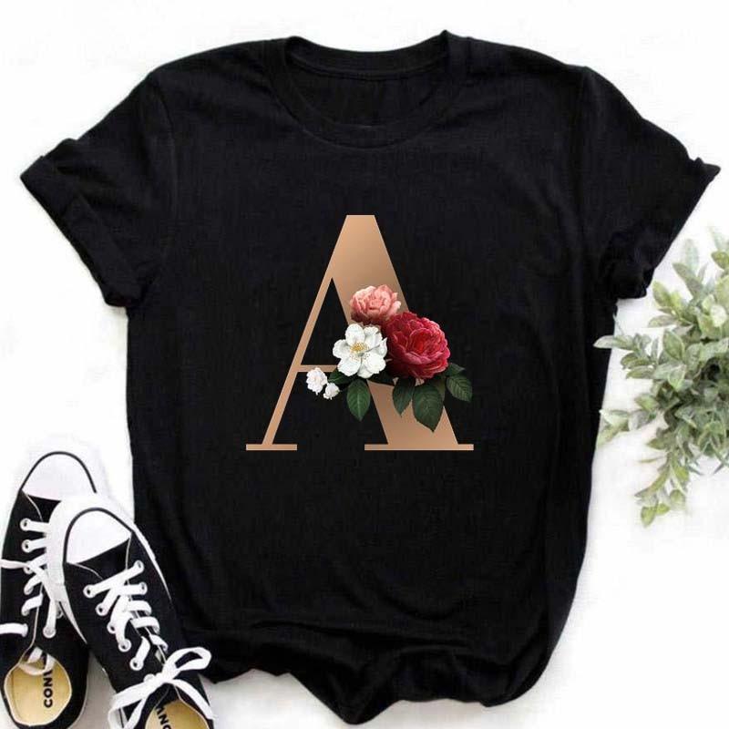 A B C D E Druck T-Shirt für Damen Neues Sommer Paare Liebhaber Damen T-Shirt Harajuku Lässig Schwarze Oberteile T-Shirts