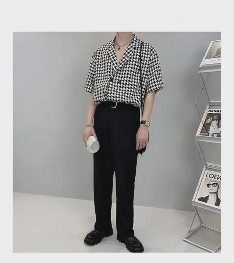 Camicia da uomo elegante con motivo pied de poule - Doppio bottone, retrò, casual e di alta qualità