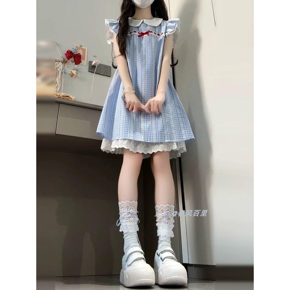 

Французский кукольный воротник синее маленькое платье в клетку с рукавами-крылышками детское летнее повседневное женское новое темпераментное принцессное короткое платье XL- (recommended 110-60kg)