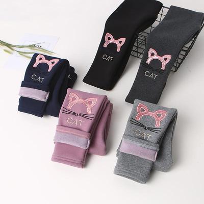 Kinder Winter Fleece-gefütterte Leggings: Baumwoll-Kätzchen-Stickhose