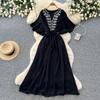French gentle wind heavy industry embroidery V-neck dress women's summer short sleeves waist thin A word holiday style long dress