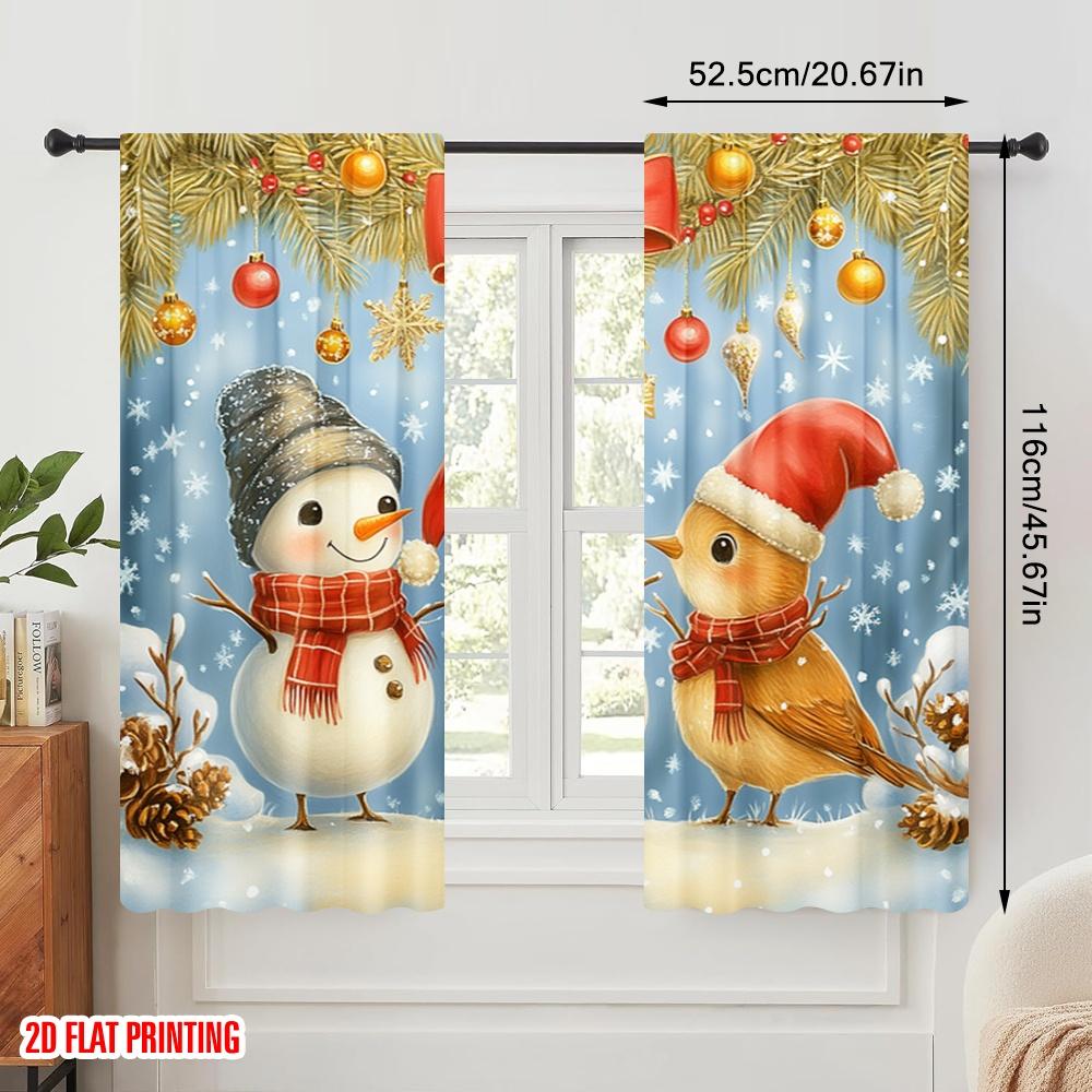 2pcs,2D Plane Printing Pattern Curtains Cute Snowman Deer Bird (2) Durable 100% Polyester Fabric (without Rod) Home Decor for