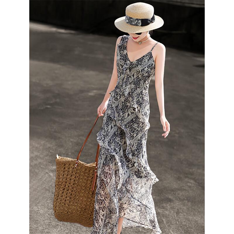 Lanser Women s French Romantic Ruffle Printed Maxi Dress M