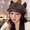 1pc PU Leather Cute Cat Ear Berets For Women Solid Color Casual Newsboy Cap Personalized Peaked Cap