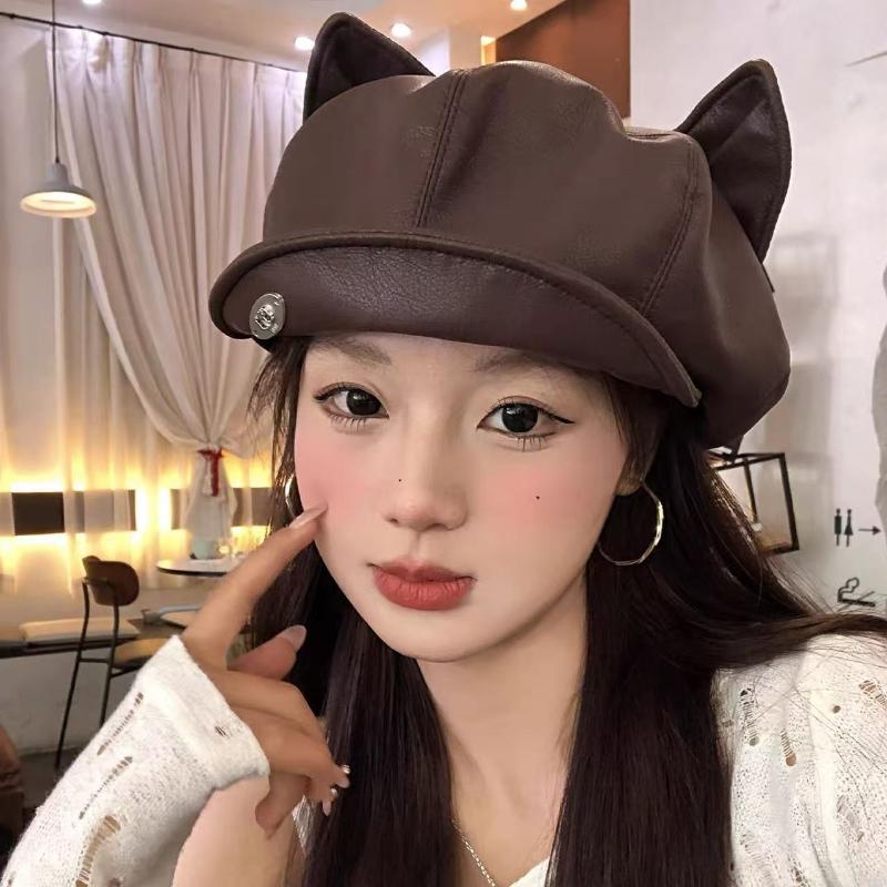 1pc PU Leather Cute Cat Ear Berets For Women Solid Color Casual Newsboy Cap Personalized Peaked Cap