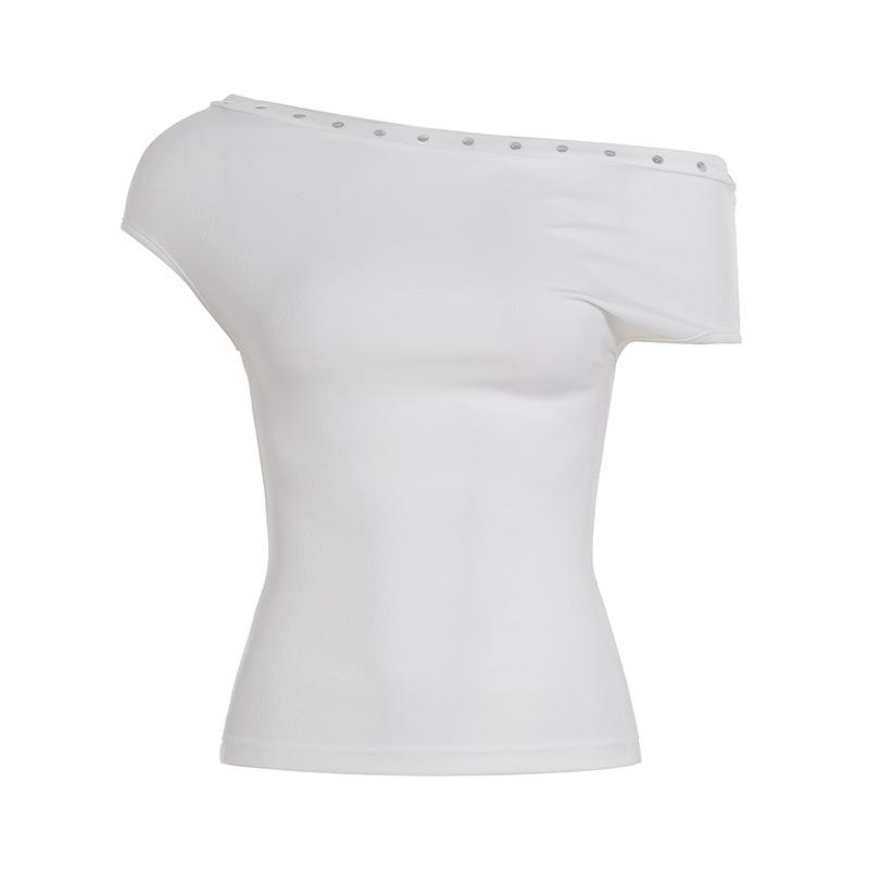 

2026 Уличный женский ретро укороченный топ с заклепками на одно плечо - Летняя футболка с коротким рукавом и асимметричной талией