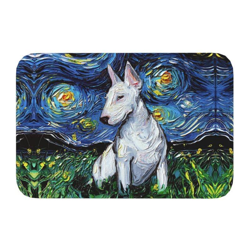 Starry Night Oil Painting Bull Terrier Carpet Mat Anti-Slip Rubber Backing Rug for Pet Lover Home Decoration Artistic Anime Rug