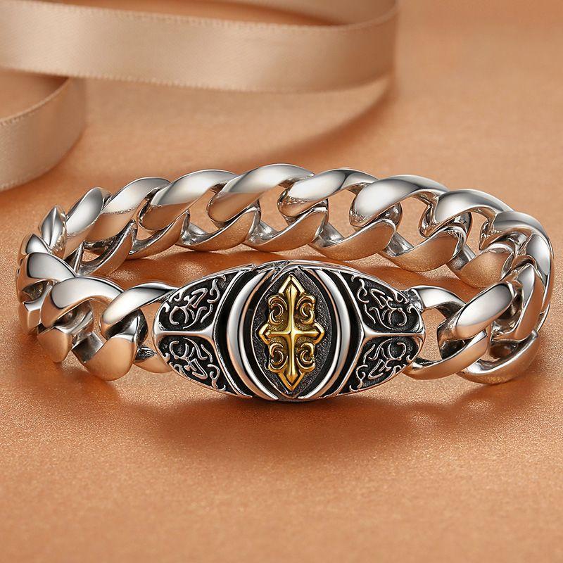 

Браслет Мужской Властный Хип-хоп Личность Легкая Роскошь Премиум Ретро Широкая Версия Крест Цветок Плоская Цепь 20cm