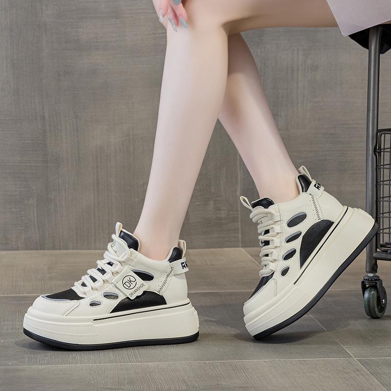 9955 Inner Height Increase 7 Leather Dad Shoes Women, Spring and Autumn New Versatile Thick-soled Muffin Shoes