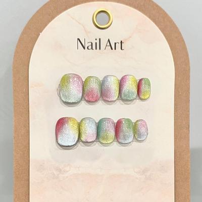 HANDMADE Artificial Nail Candy Rainbow Glass Beads Cat Eye Short Style Fake Nail Set With Glue Reusable and Removable Press On Nails
