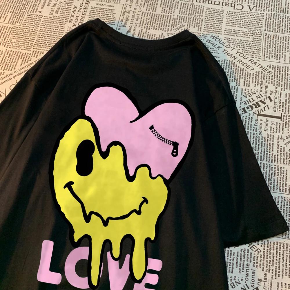 Melting Happy Face And Hurting Heart T-Shirts Couple Breathable O-Neck Tshirt Loose Clothes Oversized Summer T-Shirts Cotton Tee