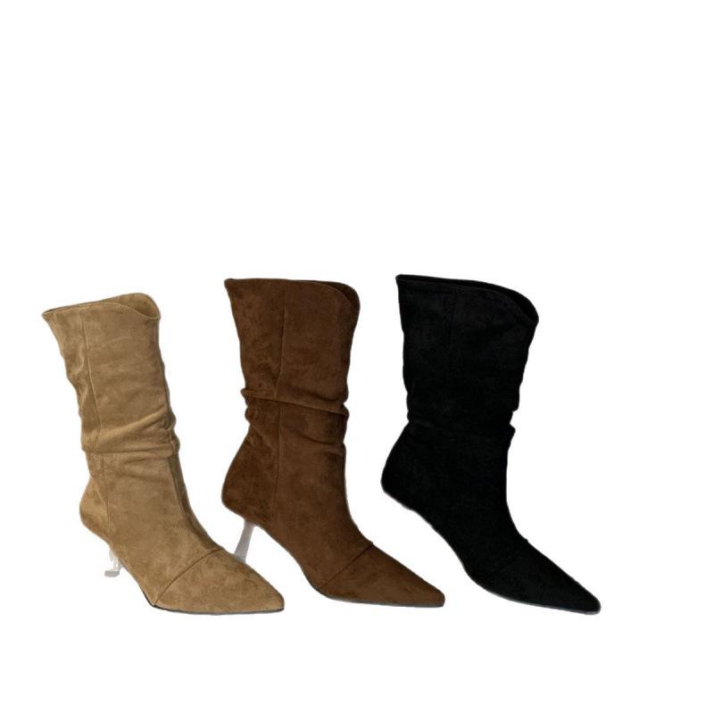 2025 Autumn and Winter Thin Heel High Heel Women's Boots Suede V Mouth Medium Tube Thin Pointed Fashion Boots