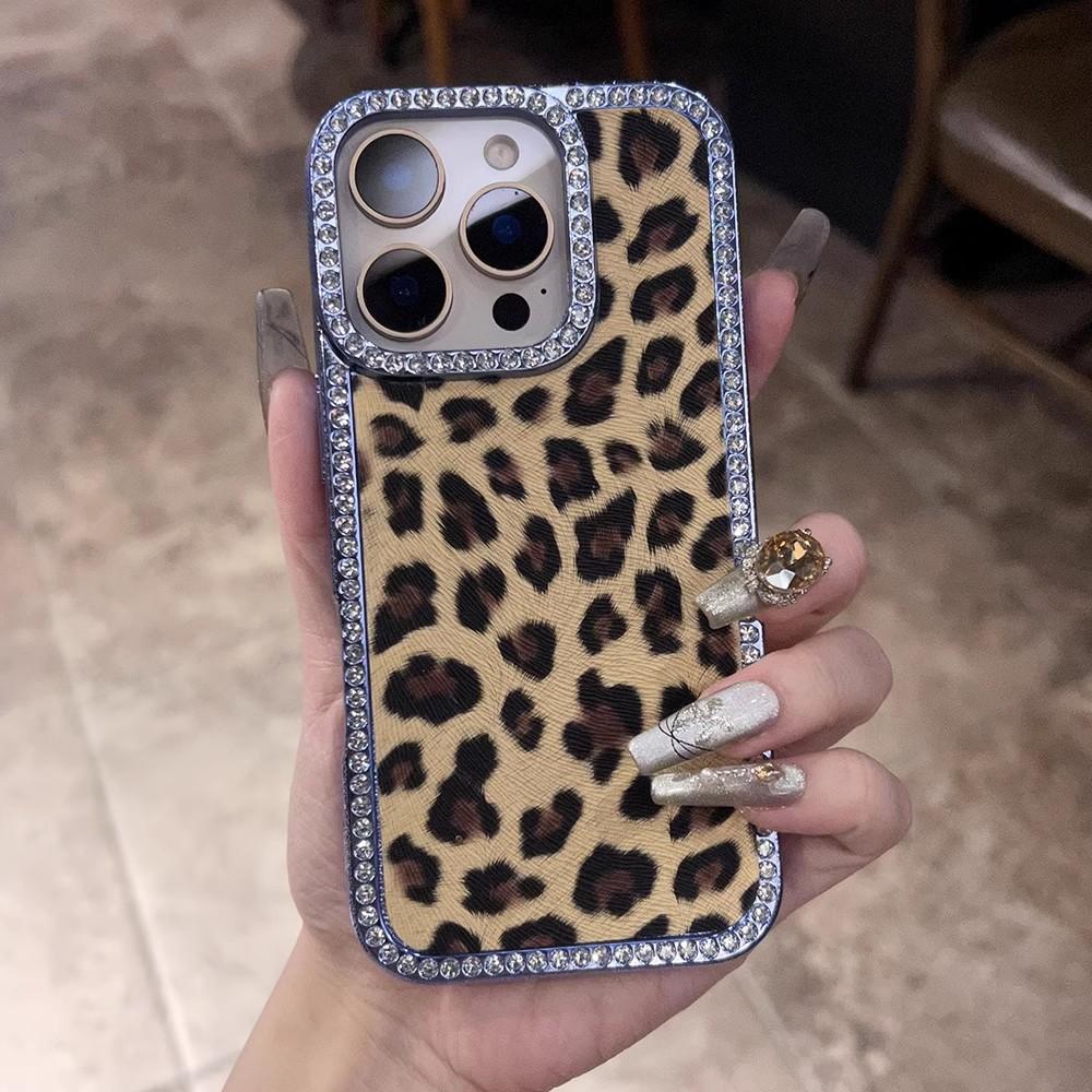 Luxury Leopard Print Fur Pattern Case For iPhone 17 16 15 14 13 12 11 Pro Max Glitter Diamond Shockproof Bumper Protection Cover