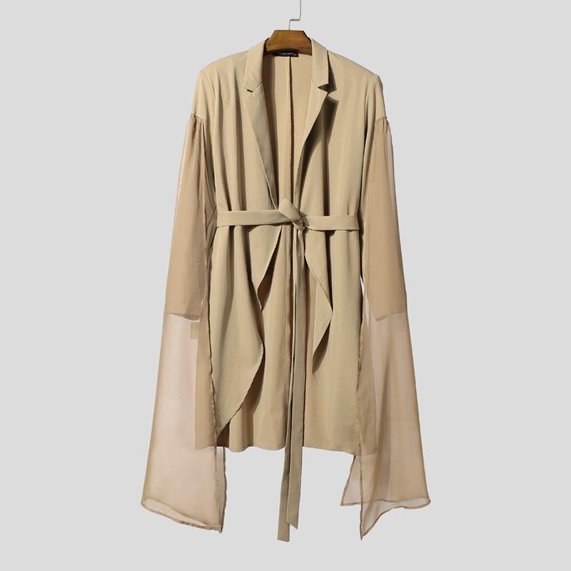 INCERUN Herren Langarm Gürtel Mesh Patchwork Unregelmäßig Lässig Dünne Lange Mäntel