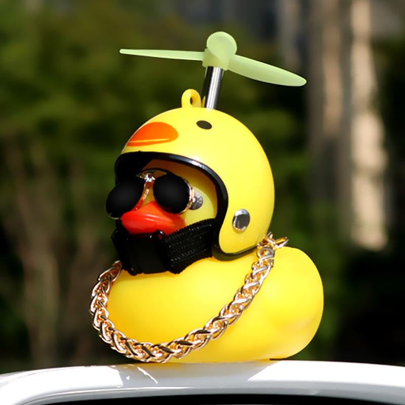 Car Broken Wind Small Yellow Duck With Helmet Airscrew Bicycle Moto With Straps Auto Pasted Accessories Interior Cycling Decor