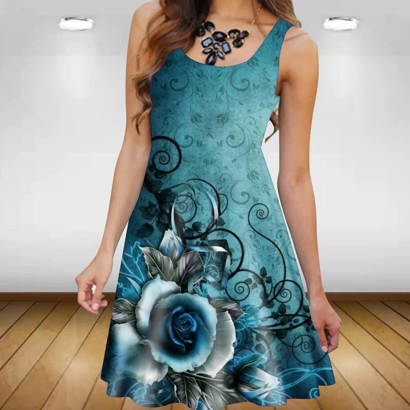 Sleeveless Floral Pattern Women Casual Mini Dresses Summer 3D Printed Street Trend Ladies Flower Dress Loose Dress