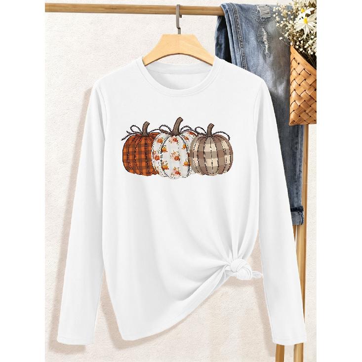 Halloween Elegant Long Sleeve T Shirt Gift For Women Plaid Floral Patchwork Three Styles Bowknot Pumpkin Retro Stitching Autumn Pattern Print Tops