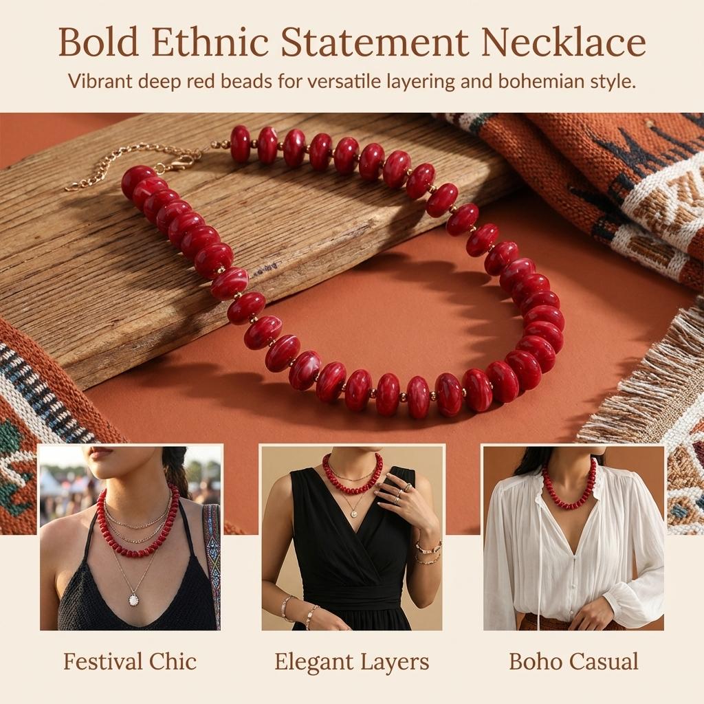 Colorful Beaded Necklace Ethnic Style Retro Design Adjustable Length for Party Stage Performance