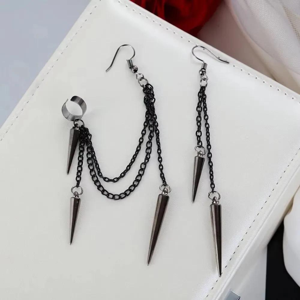 Punk Style Black Rivet Dissymmetry Long Tassel Dangle Earrings for Women Personality Hip Hop Rock Punk Jewelry Accessory Gift