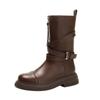 Pleated Buckle Knight Boots for Women Autumn Brown PU Leather Mid Calf Boots Woman Slip-On Thick Heel Riding Botas Mujer 2025