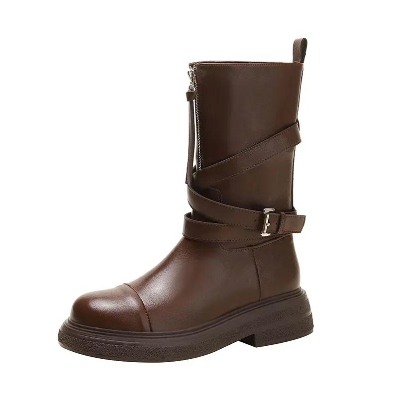 Pleated Buckle Knight Boots for Women Autumn Brown PU Leather Mid Calf Boots Woman Slip-On Thick Heel Riding Botas Mujer 2025