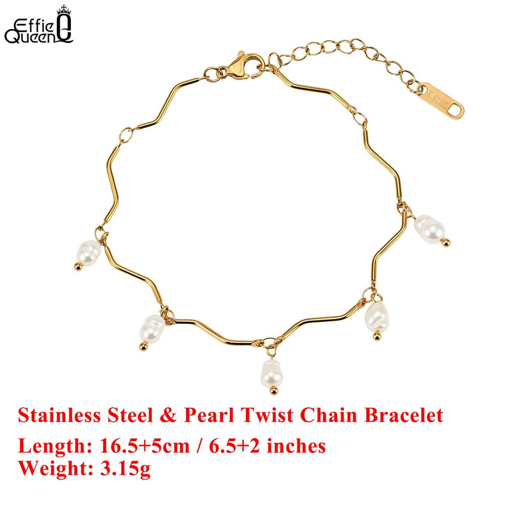 EFFIE QUEEN Stainless Steel 18k Gold Oval Shaped Freshwater Pearl Chain Bracelet Banquet Jewelry for Women Wedding Party STPB02