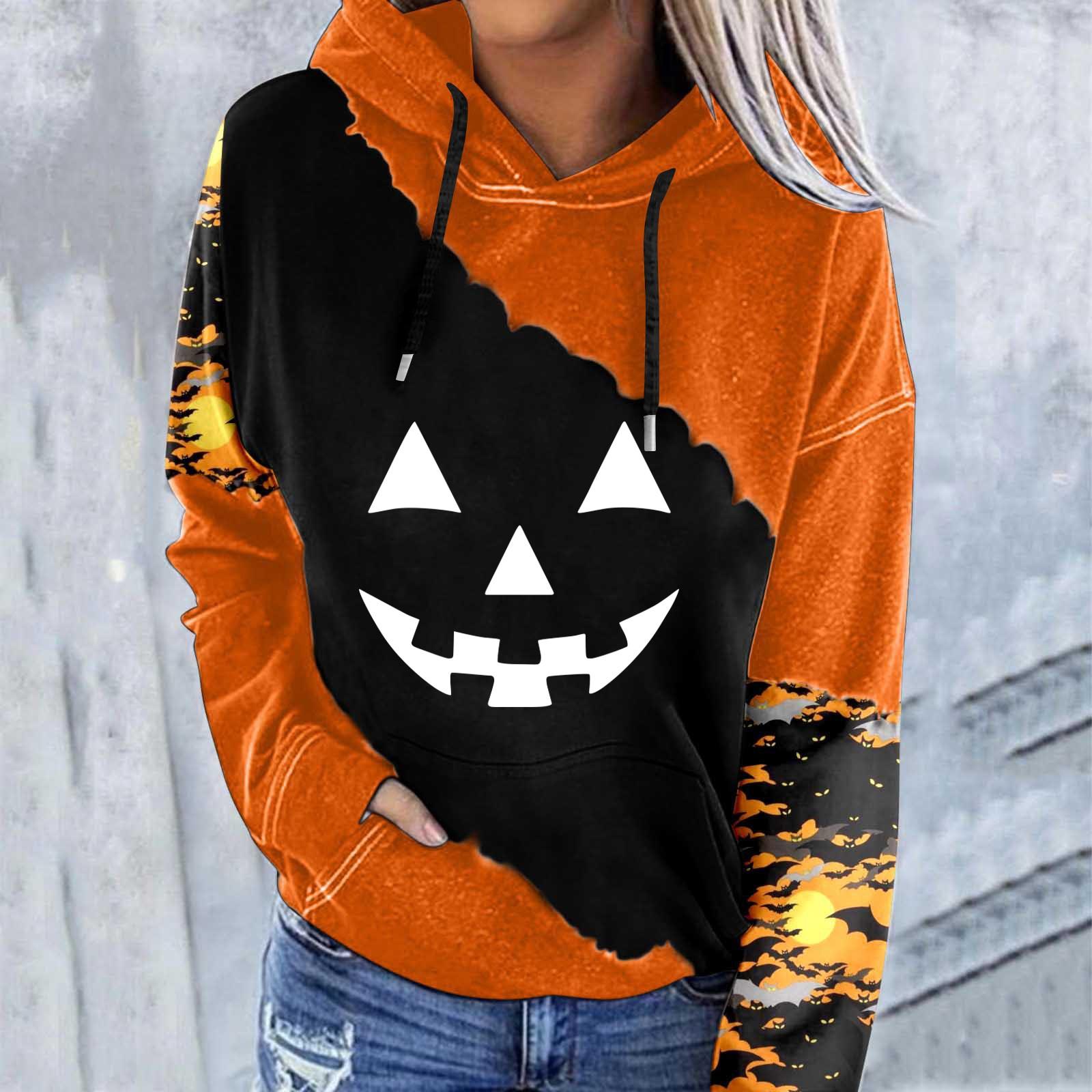 

Женский повседневный модный пуловер с длинным рукавом и принтом Хэллоуина с капюшоном L золотой