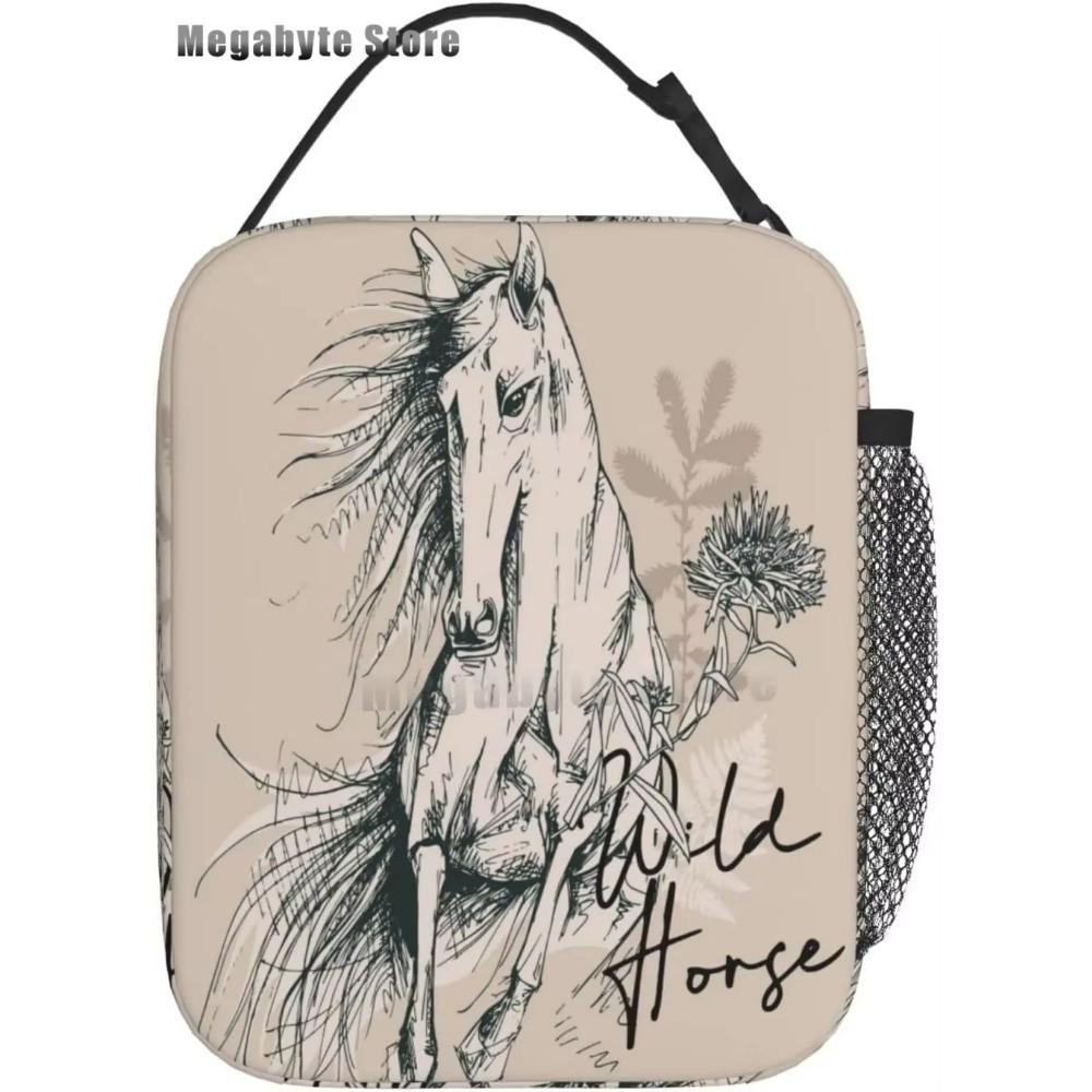Horse And Flower Lunch Box Insulated Lunch Bags Zipper Lunch Bag Cooler Tote Bag For Teens Men Women Office Picnic