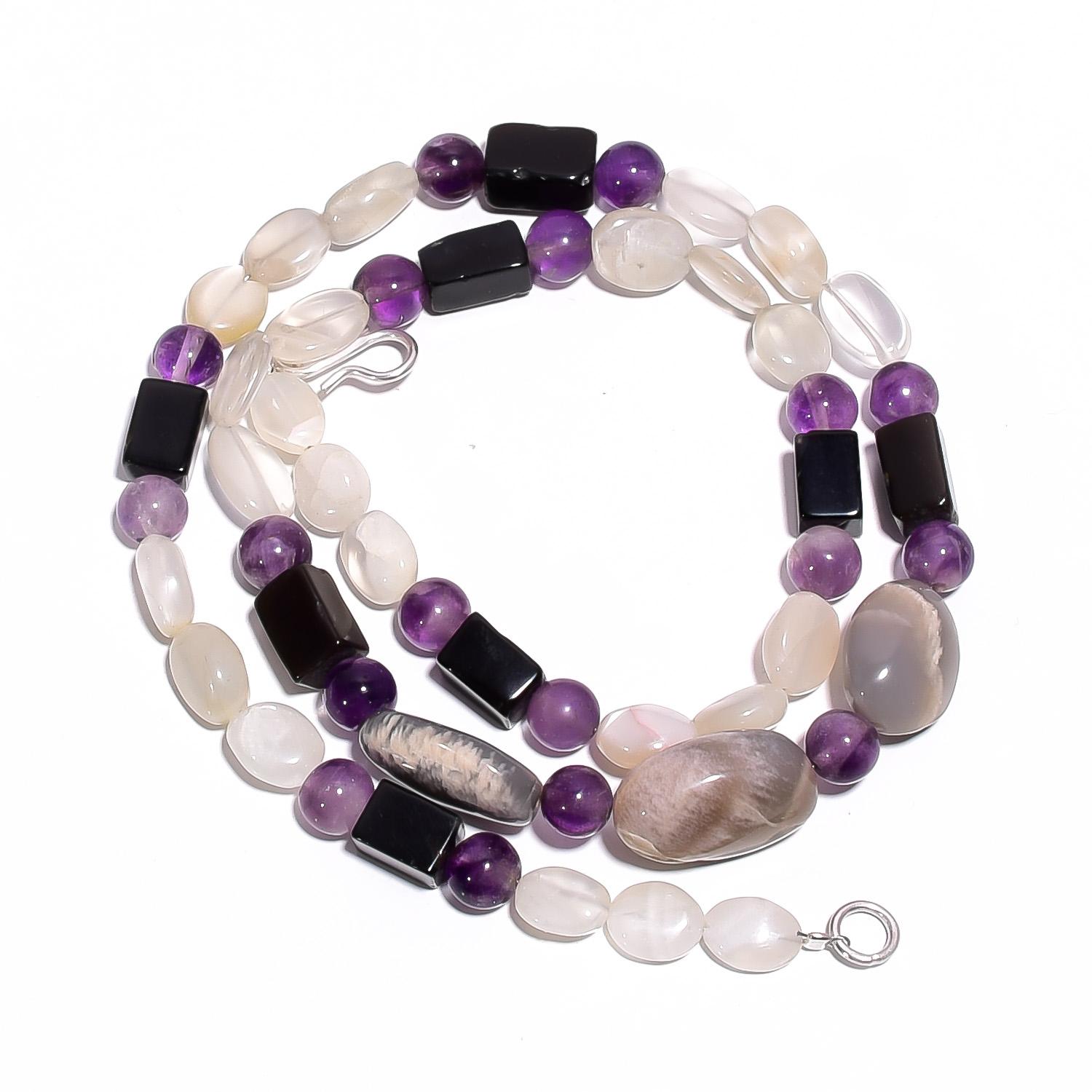 

Натуральный черный оникс лунный камень аметист драгоценный камень гладкие бусины ожерелье 17 UB-4626 UB-4626