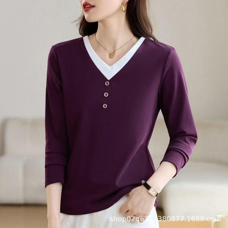 

Middle-aged and Long-sleeved Bottoming Shirt Spring and Autumn New Women s All-match Solid Color Age-reducing Button Top M фиолетовый