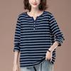 Women's Striped V-Neck Loose-Fit Plus Size Cotton Long Sleeve Top for Spring & Autumn (Style 6002)