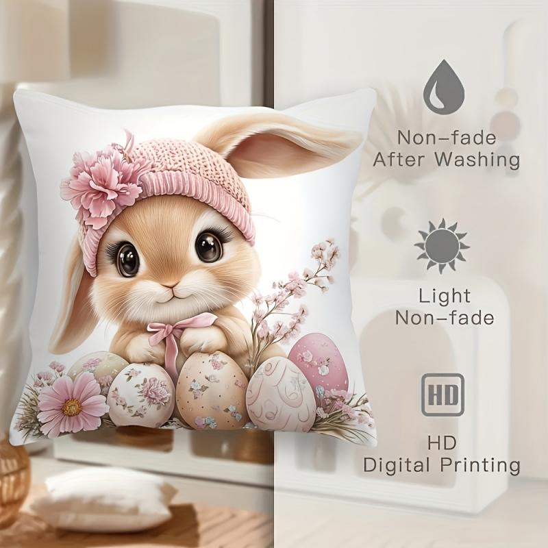Vikama Easter Bunny Cushion Cover Pink Floral Easter Egg Print Cushion Cover Living Room Sofa Bedroom Decorative Pillowcase