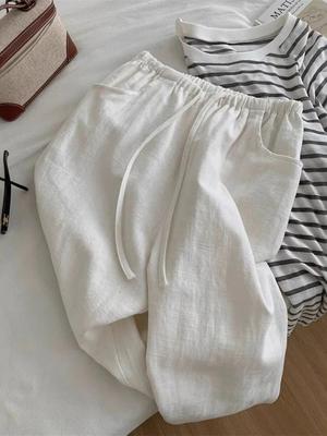 White Linen Wide-Leg Women’s Pants - Summer 2026 Old Money Style, Lightweight Loose Drape, Casual Straight-Leg.