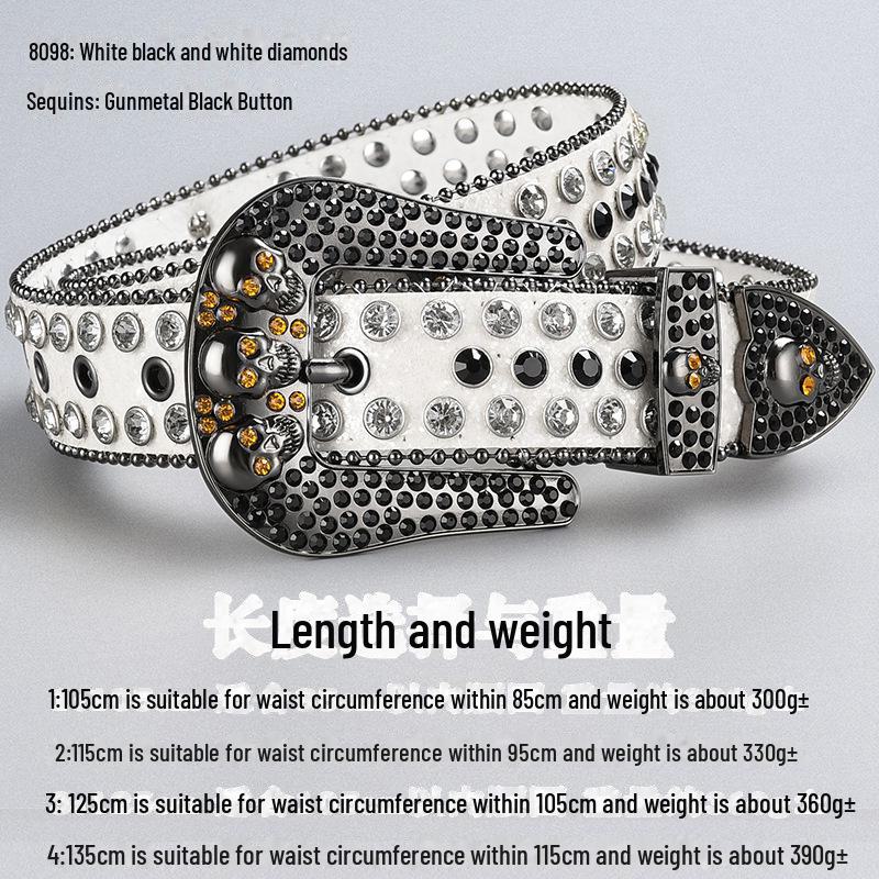 Curea de lux cu cataramă cu strasuri și craniu închis la culoare, cu paiete și diamante