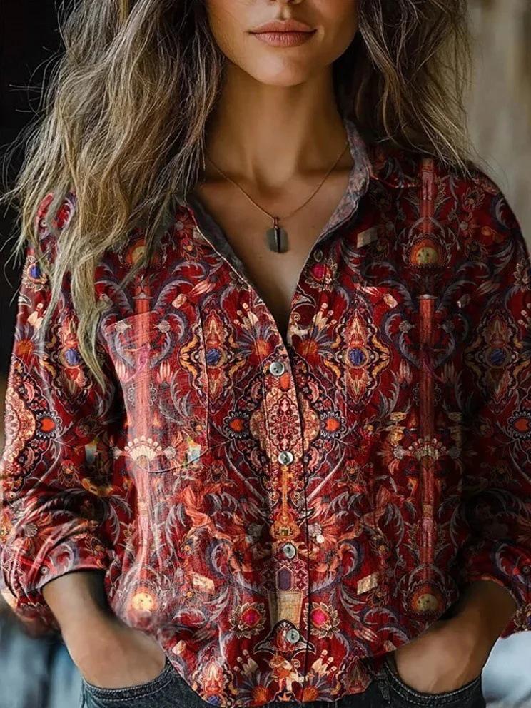 2025 Spring/Summer/Autumn Women's Versatile Printed Casual Lapel Shirt