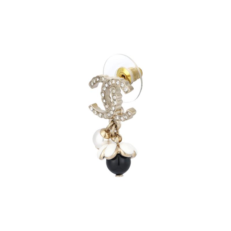 CHANEL Pearl Double C Gold/Pearl White/Black and White Glass Pearl Earrings Women's