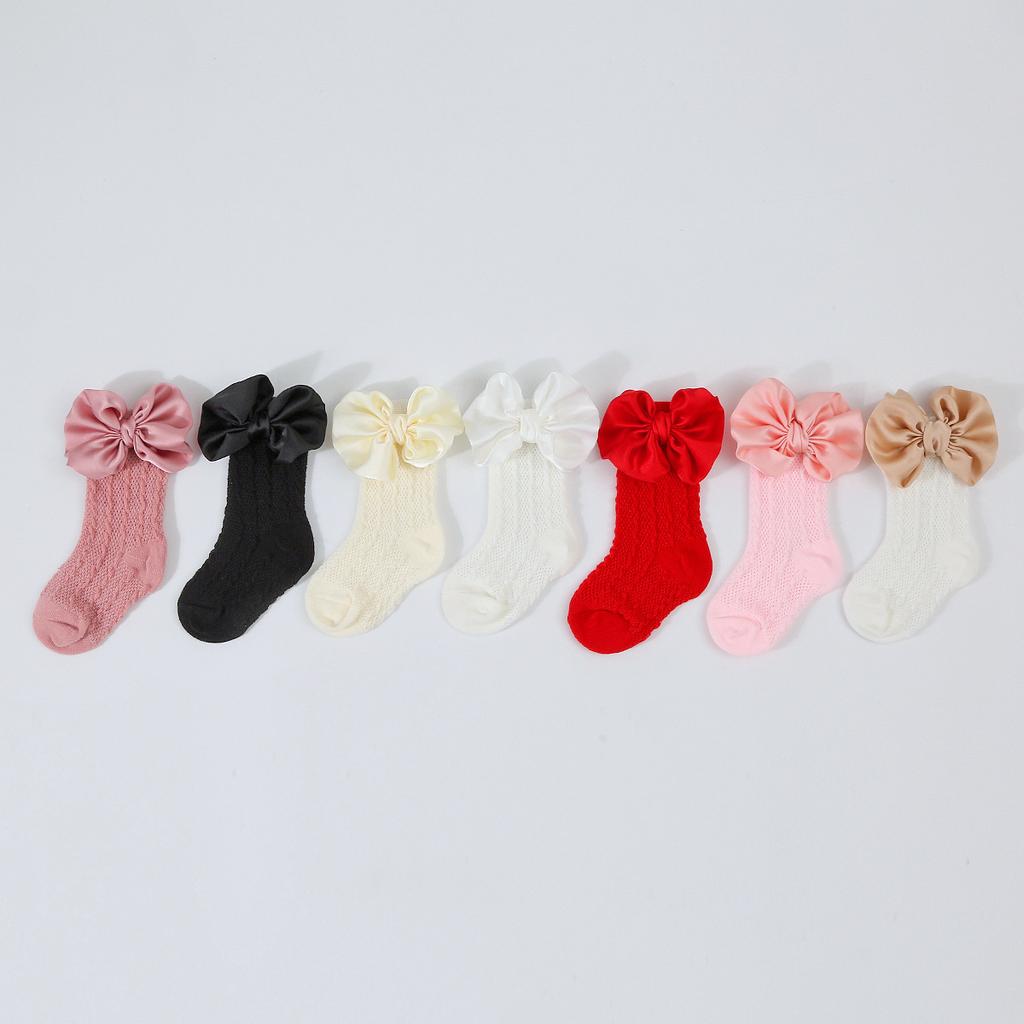1Set Neugeborenen Big Bowknot Stirnbänder Aushöhlen Lange Socken Neue Baby Weiche Feste Prewalker Socke Mädchen Infant Gestrickte Haarband Socken