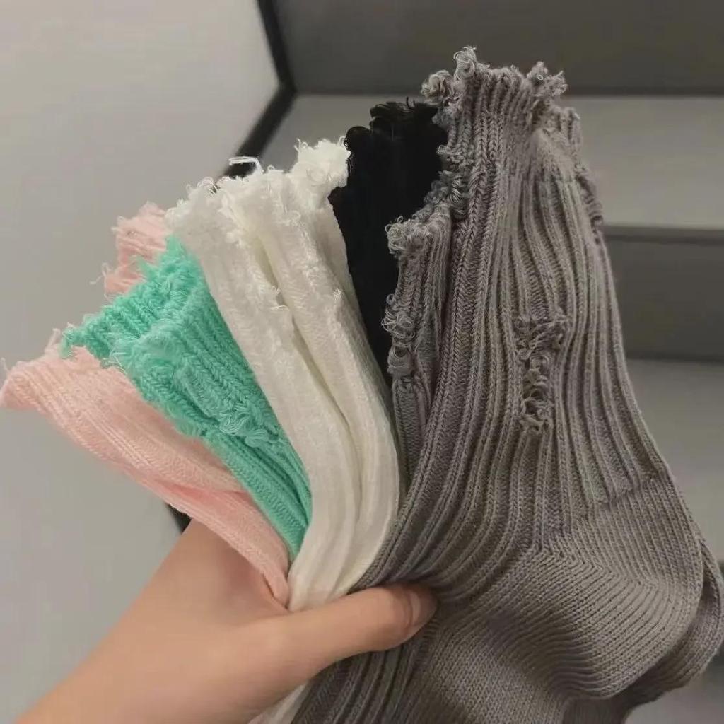Women's Ripped Beggar Socks - Mid-Tube Cotton Pile for Autumn/Winter