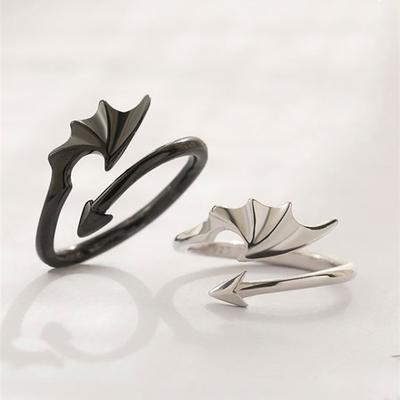 S925 Silver Angel Devil Wing Ring Ring Pair for Couple Student Black Tail Open Rings Long-Distance Love