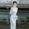 Long Sleeve Winter Warm Chinese-Inspired Dress With Stand Collar Side Slit Blue Thick Lined Qipao Style Women
