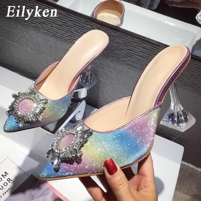 Fashion Eilyken Rhinestone Women Pumps Sandals Elegant Pointed Toe Bling Crystal Perspex Heeled Mule Stripper Shoes Zapatos Mujer