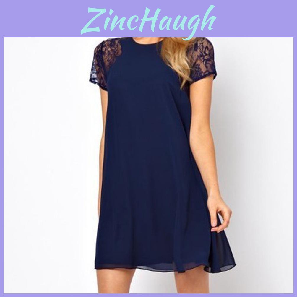 Elegante Vestito Estivo da Ragazza con Maniche ad Applicazioni di Pizzo e Schiena Scoperta a Colore Unico