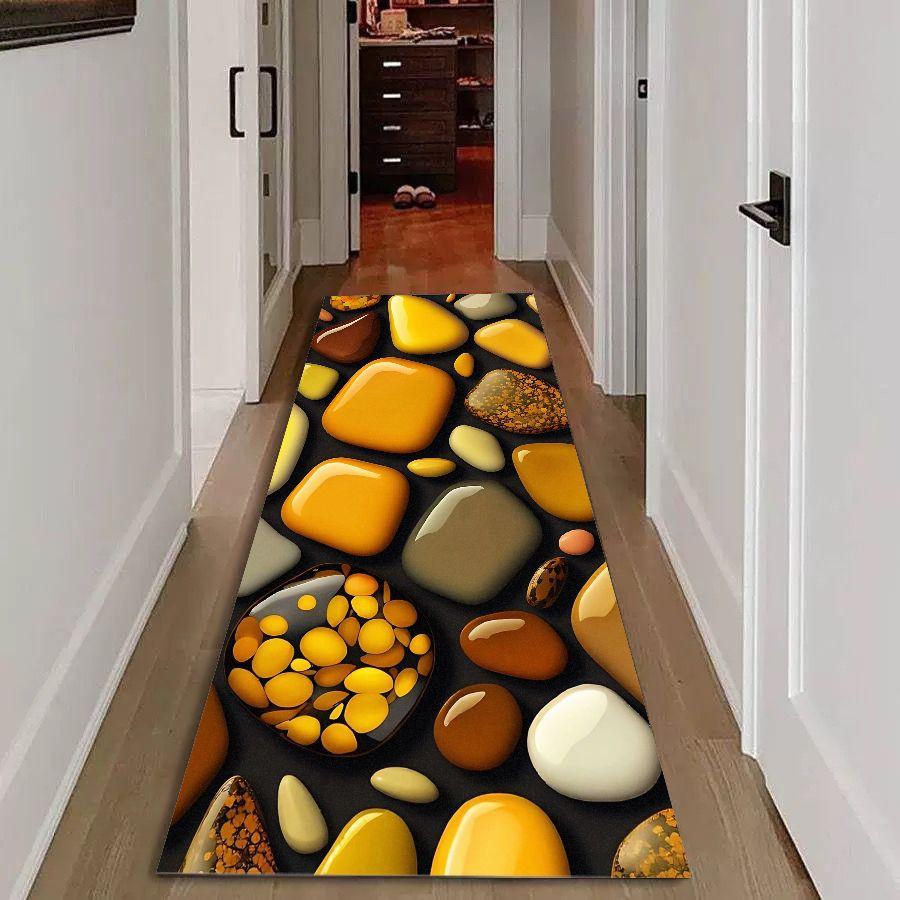 3D Glossy Yellow Pebble Runner Rug, Black Background Smooth Stone Long Hallway Mat Non Slip Washable Entryway Carpet