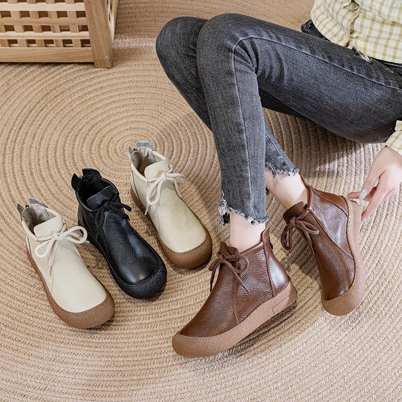Fashion 2025 Winter Genuine Leather Boots Women's High Top Laced Up Flats Woman Warm Short Plush Boot Ladies Orthopedic Shoe Ankle Boots