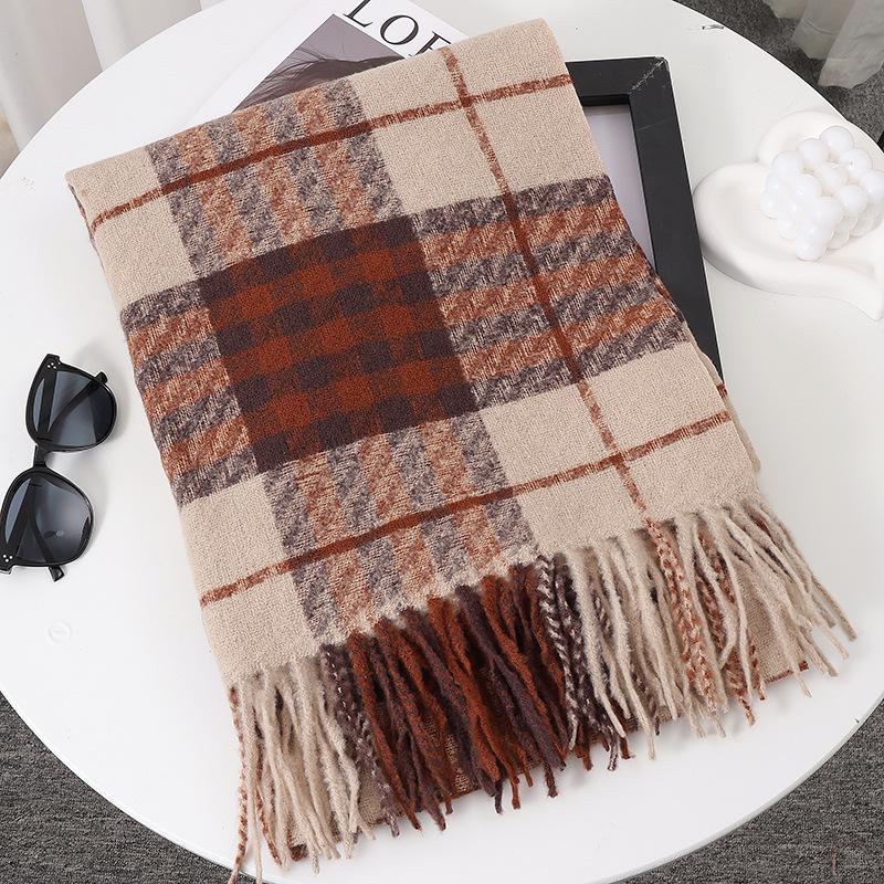 Women's Faux Cashmere Plaid Scarf - Korean Style, Thick & Warm Autumn/Winter Shawl